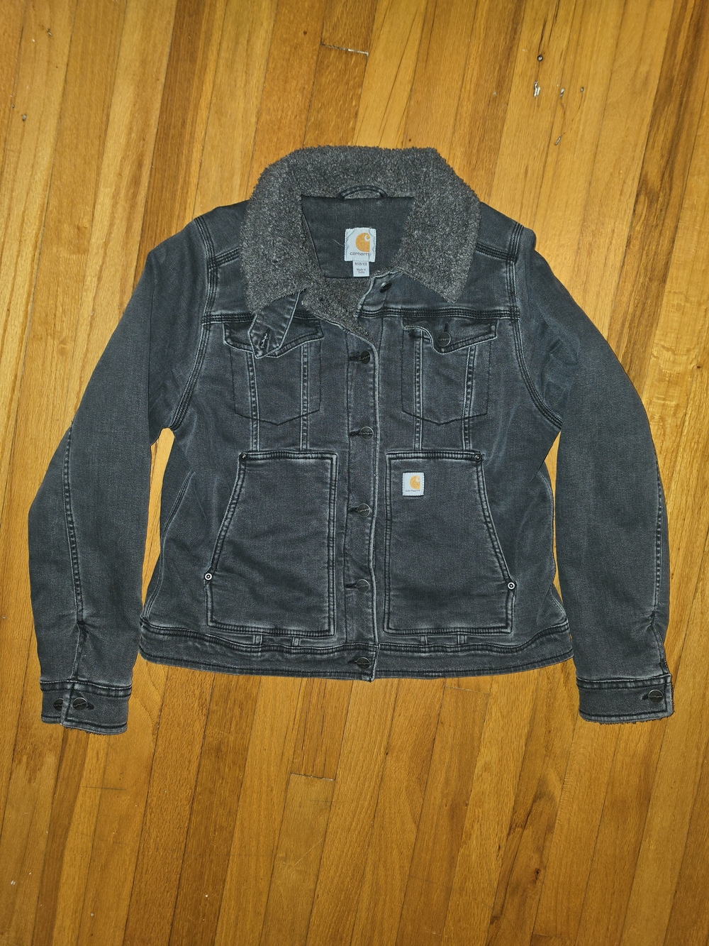 Carhartt Women's Black Denim Jacket with Dark Gray Sherpa Collar